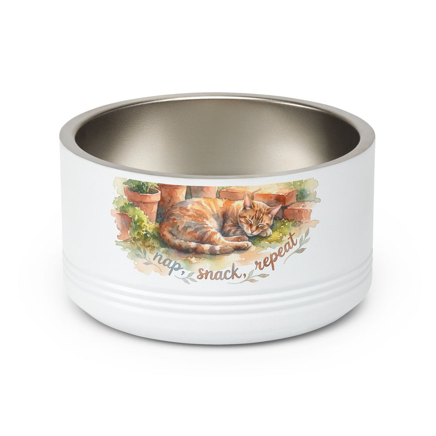 18oz Ceramic Pet Bowl — Watercolor Ginger Cat "Nap. Snack. Repeat."