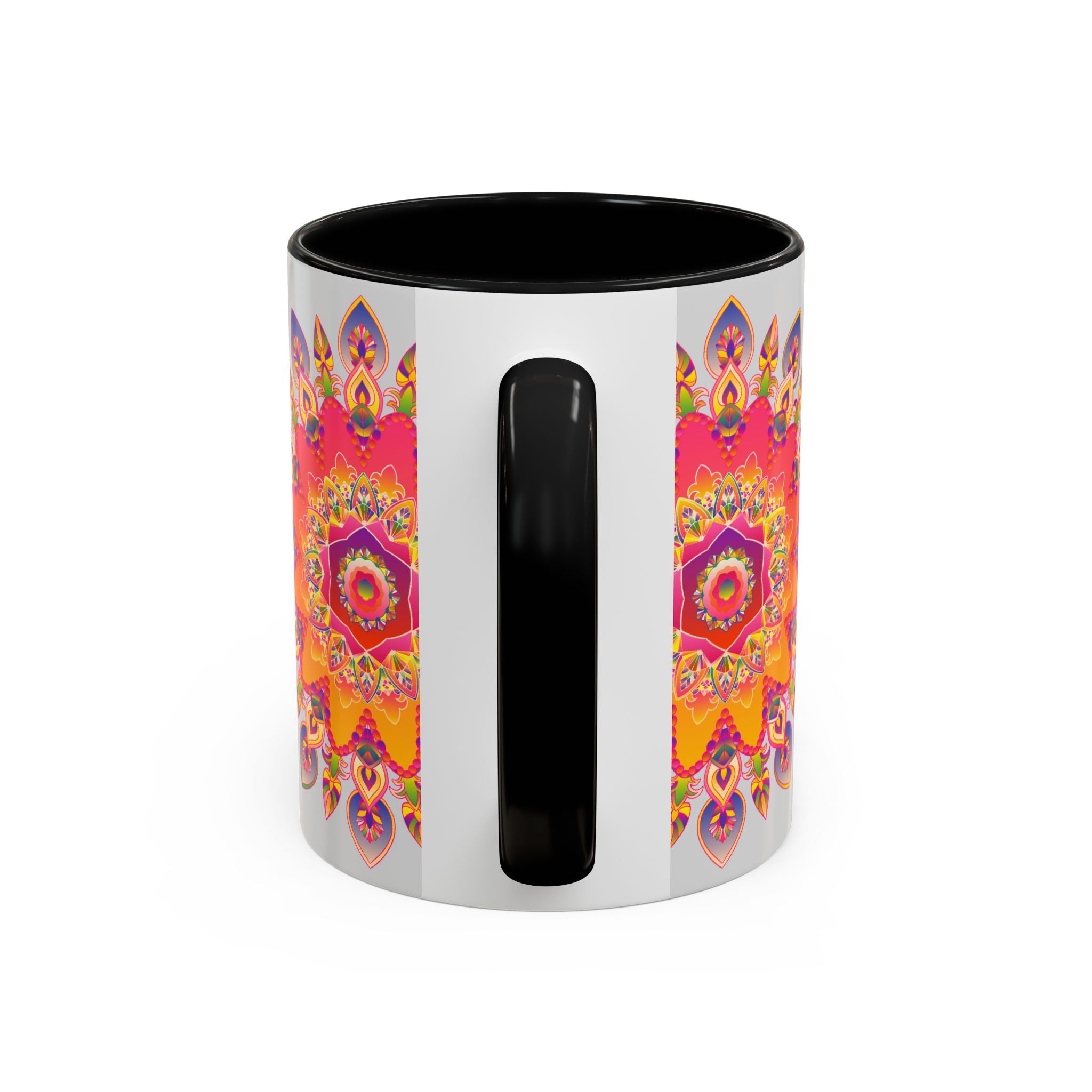 Beautiful mandala art mug featuring vibrant colors on a grey background