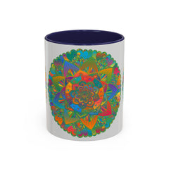Handcrafted ceramic mug with a vibrant mandala floral design in bright colors