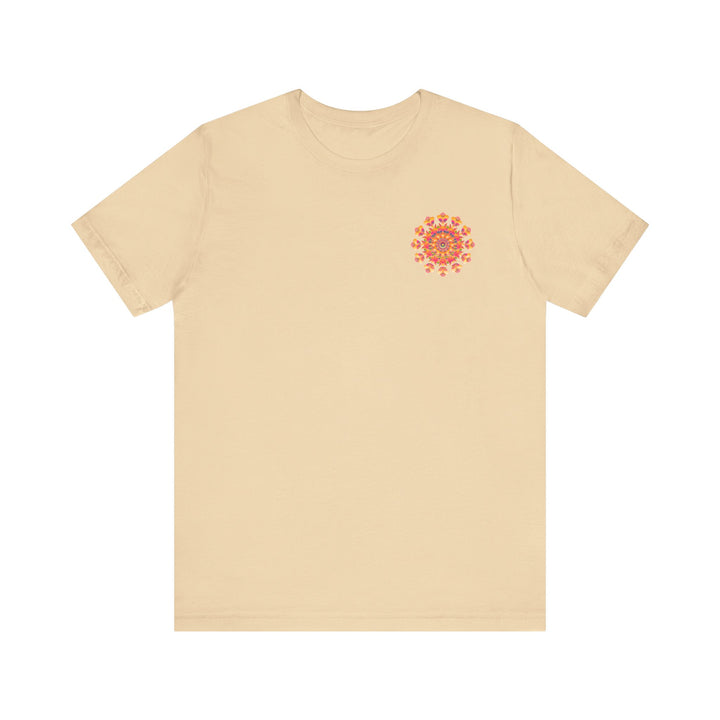 A colorful and intricate mandala design on a tee promoting spiritual peace and harmony