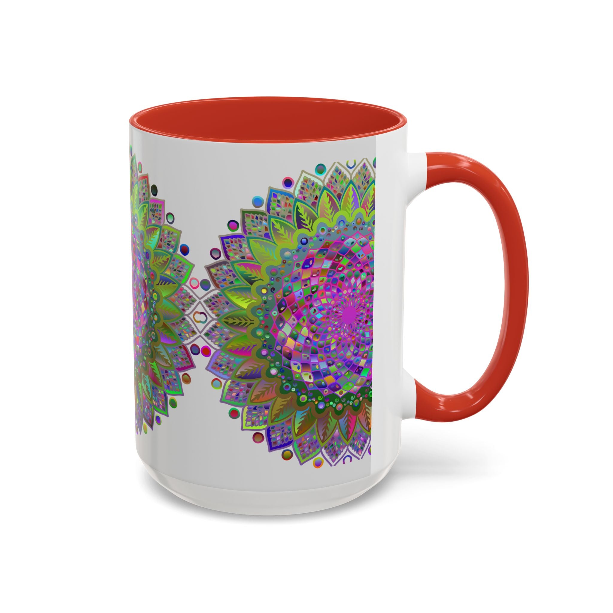 Colorful and intricate psychedelic mandala design on a grey ceramic mug