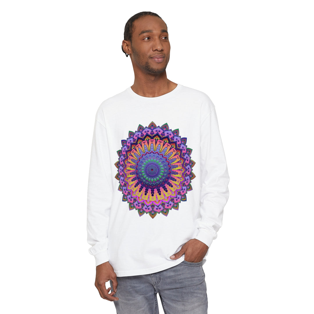 A detailed, hand-drawn mandala design featured on a unisex long sleeve t-shirt