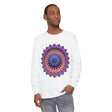 A detailed, hand-drawn mandala design featured on a unisex long sleeve t-shirt