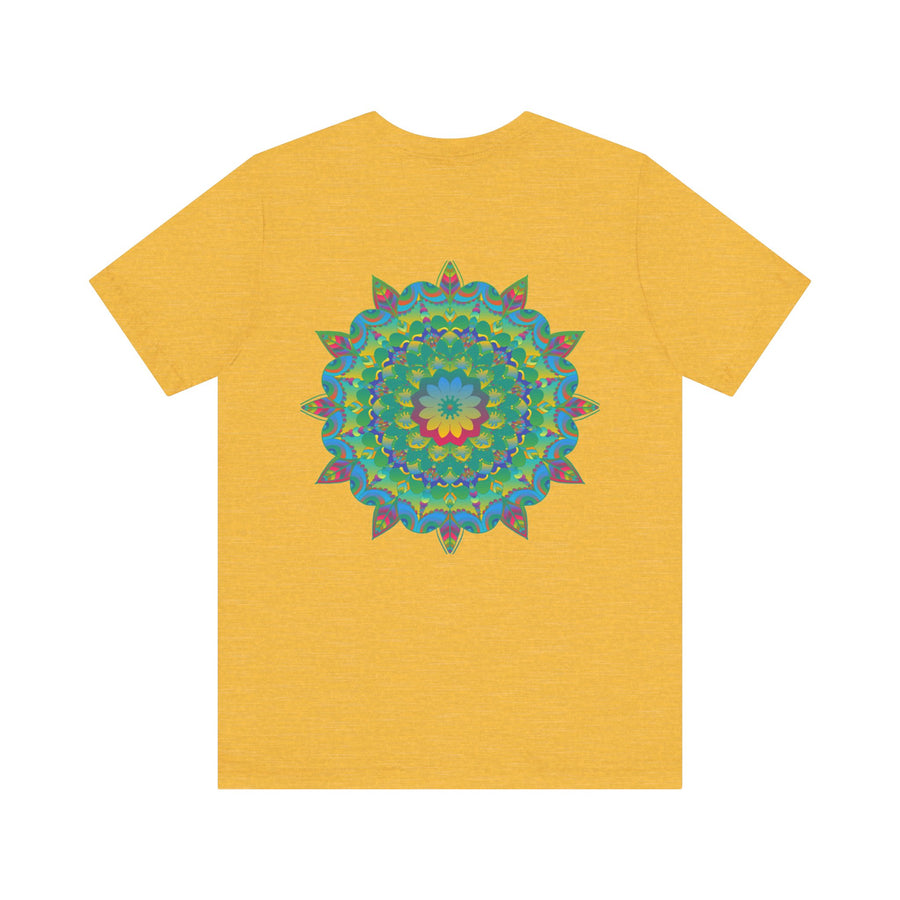 Beautiful mandala tee with intricate patterns and vibrant colors symbolizing spiritual peace and harmony, perfect for adding a touch of tranquility to your wardrobe