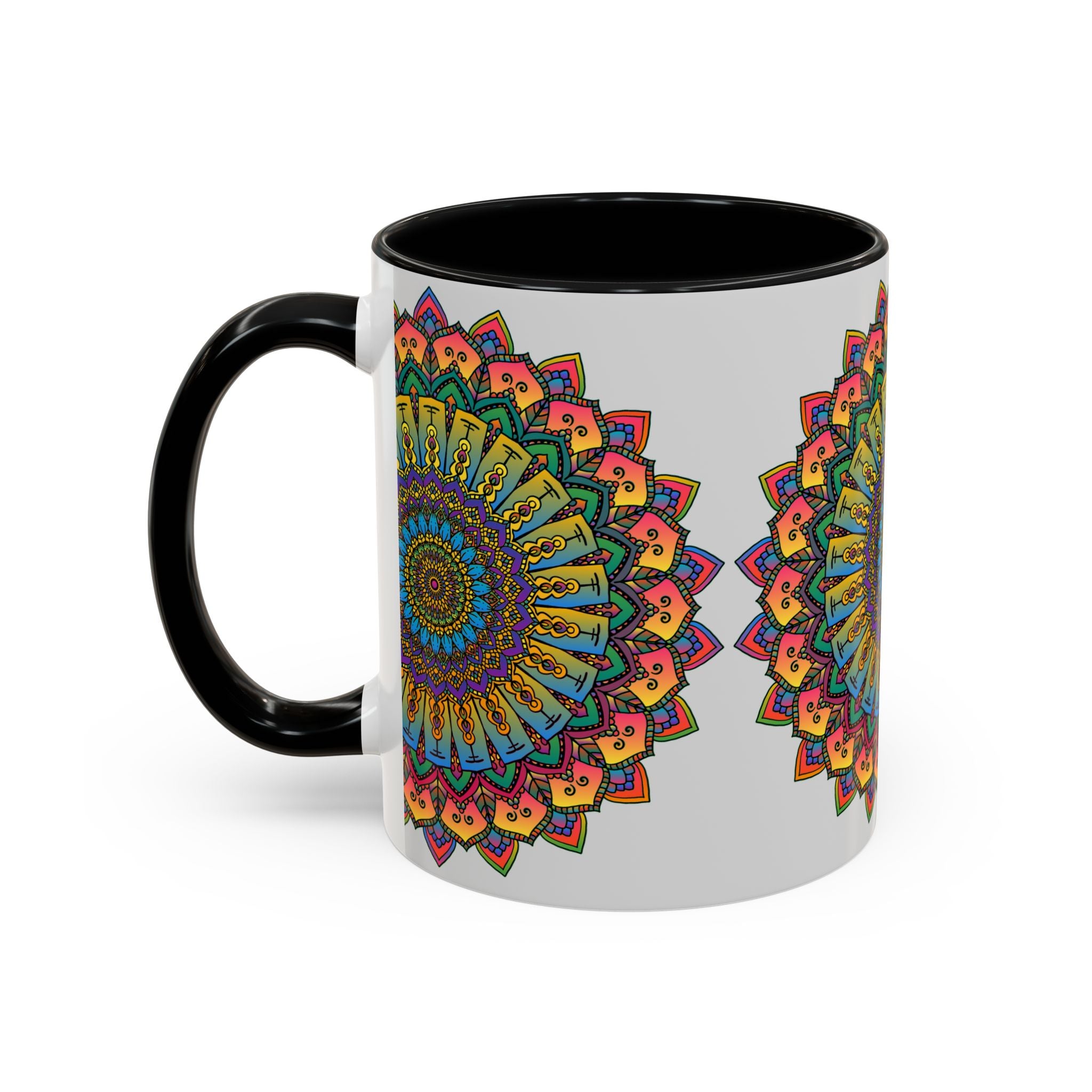 Handcrafted ceramic mug featuring a vibrant mandala design, perfect for spiritual and colorful art lovers