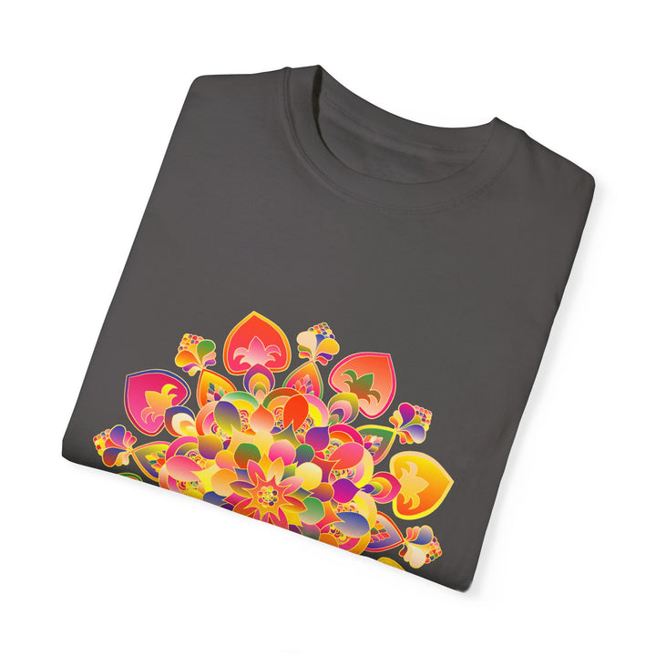 Colorful and intricate hand-drawn mandala design on a vibrant t-shirt