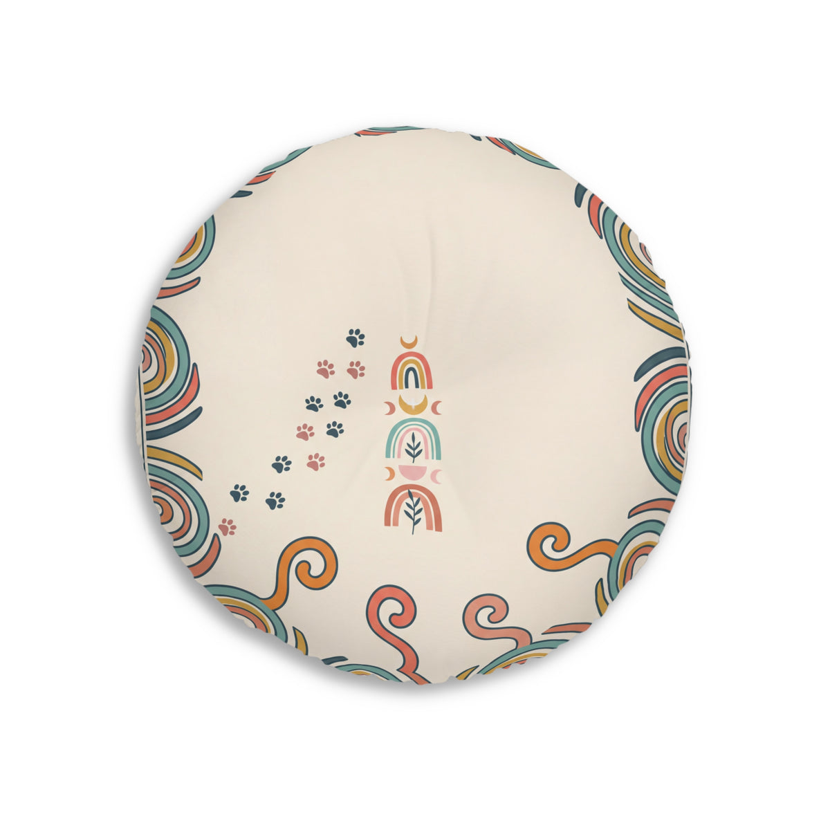 Round Tufted Floor Pillow — Boho Cat Illustration