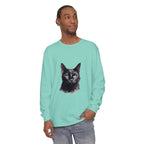 Black Cat Watercolor long sleeve t-shirt, unisex, featuring a striking watercolor design of a black cat on a soft, comfortable fabric