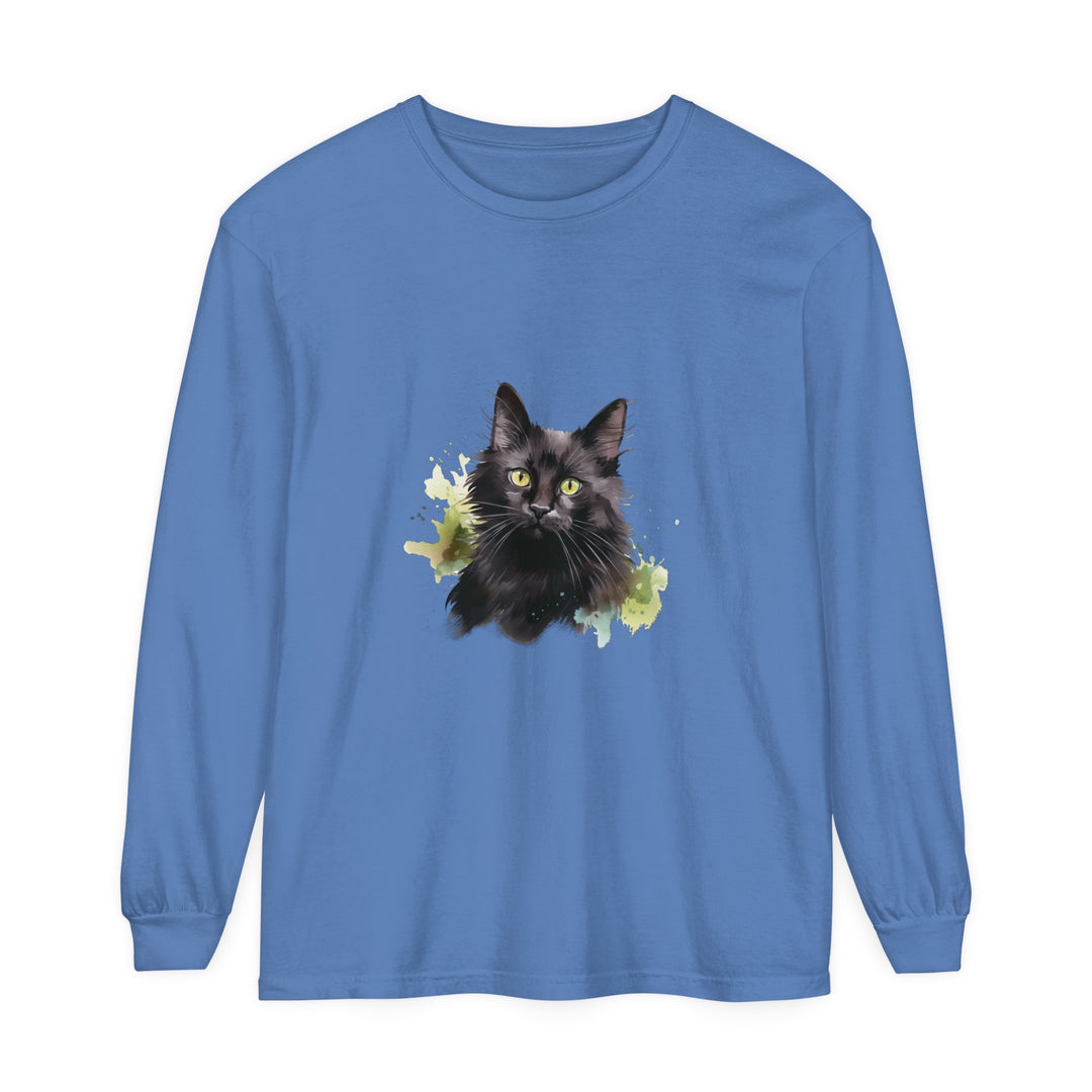 Black Cat Watercolor Splash Long Sleeve T-Shirt featuring a vibrant feline design