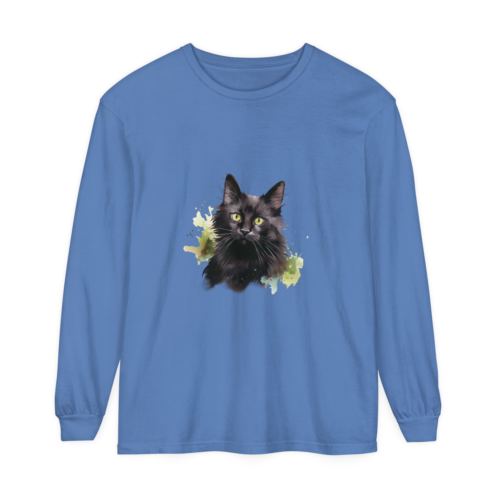 Black Cat Watercolor Splash Long Sleeve T-Shirt featuring a vibrant feline design