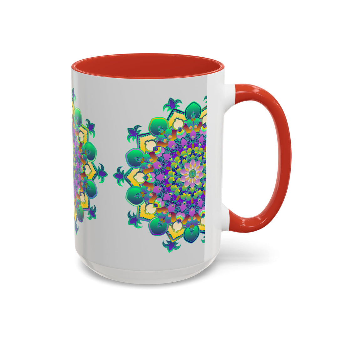 Beautiful light grey mug with a vibrant mandala art design