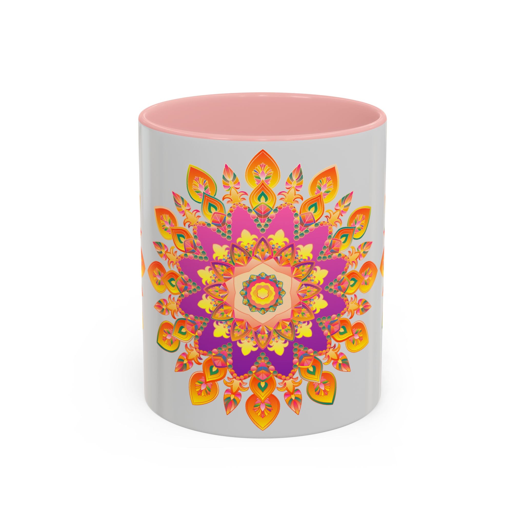 Beautiful mandala art mug featuring a colorful floral design perfect for tea and coffee lovers