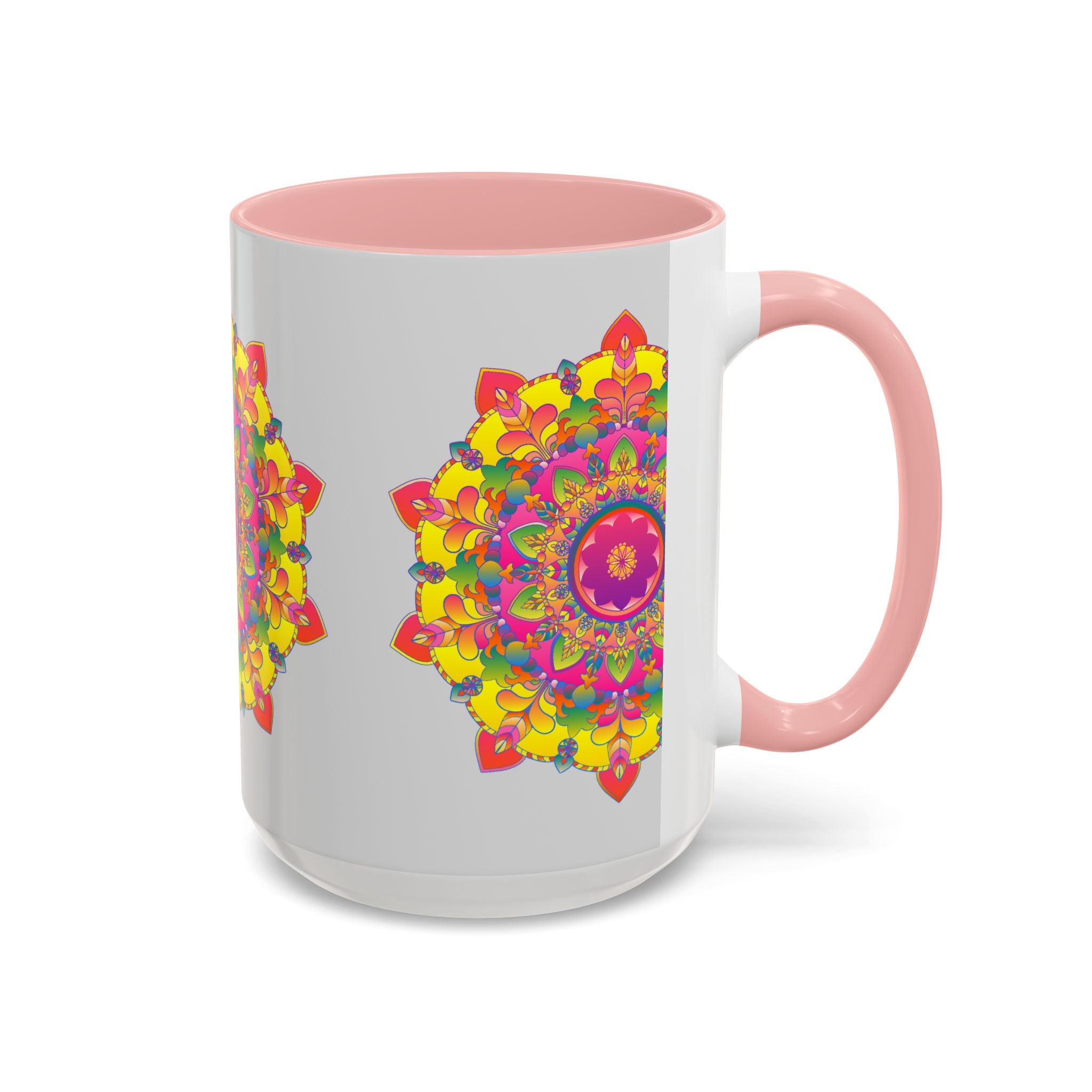 A beautiful mandala mug featuring vibrant art on a grey background