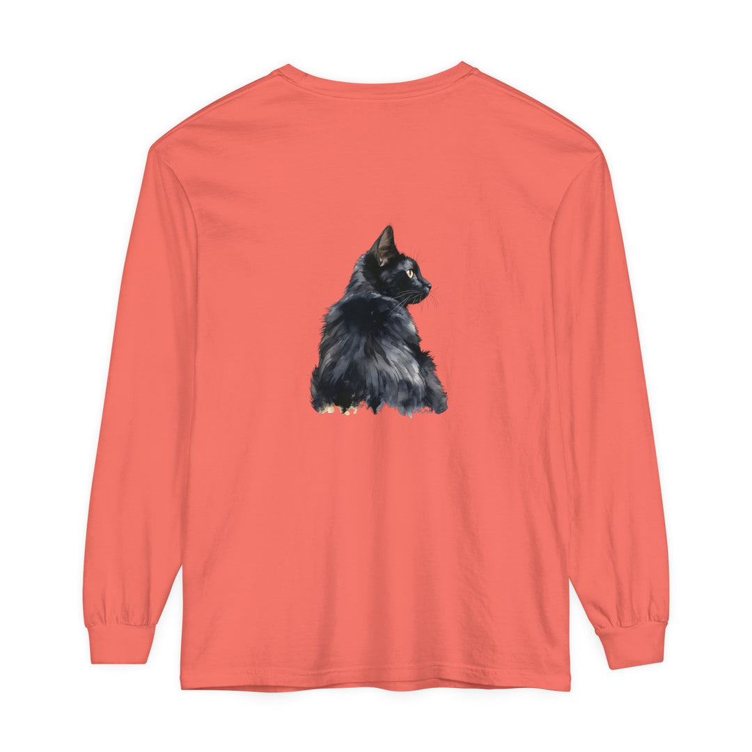 Black Cat Watercolor Long Sleeve T-Shirt, a stylish and comfortable top featuring a beautiful watercolor design of a black cat on a long sleeve shirt