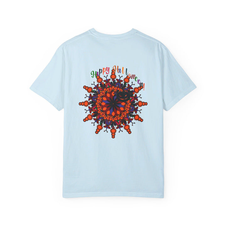 A unisex garment-dyed tee featuring handmade pumpkin mandala art for Halloween