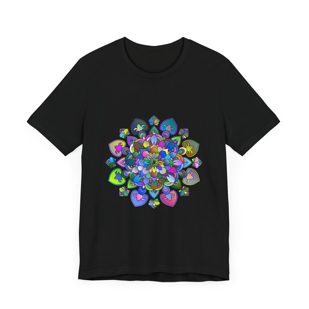 A close-up image of a colorful and intricately designed mandala t-shirt, featuring vibrant patterns and intricate art