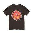 A colorful and intricate mandala design tee, symbolizing spiritual peace and harmony