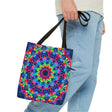 Vibrant and colorful psychedelic mandala tote bag with intricate patterns and intricate designs, perfect for adding a pop of unique style to your outfit
