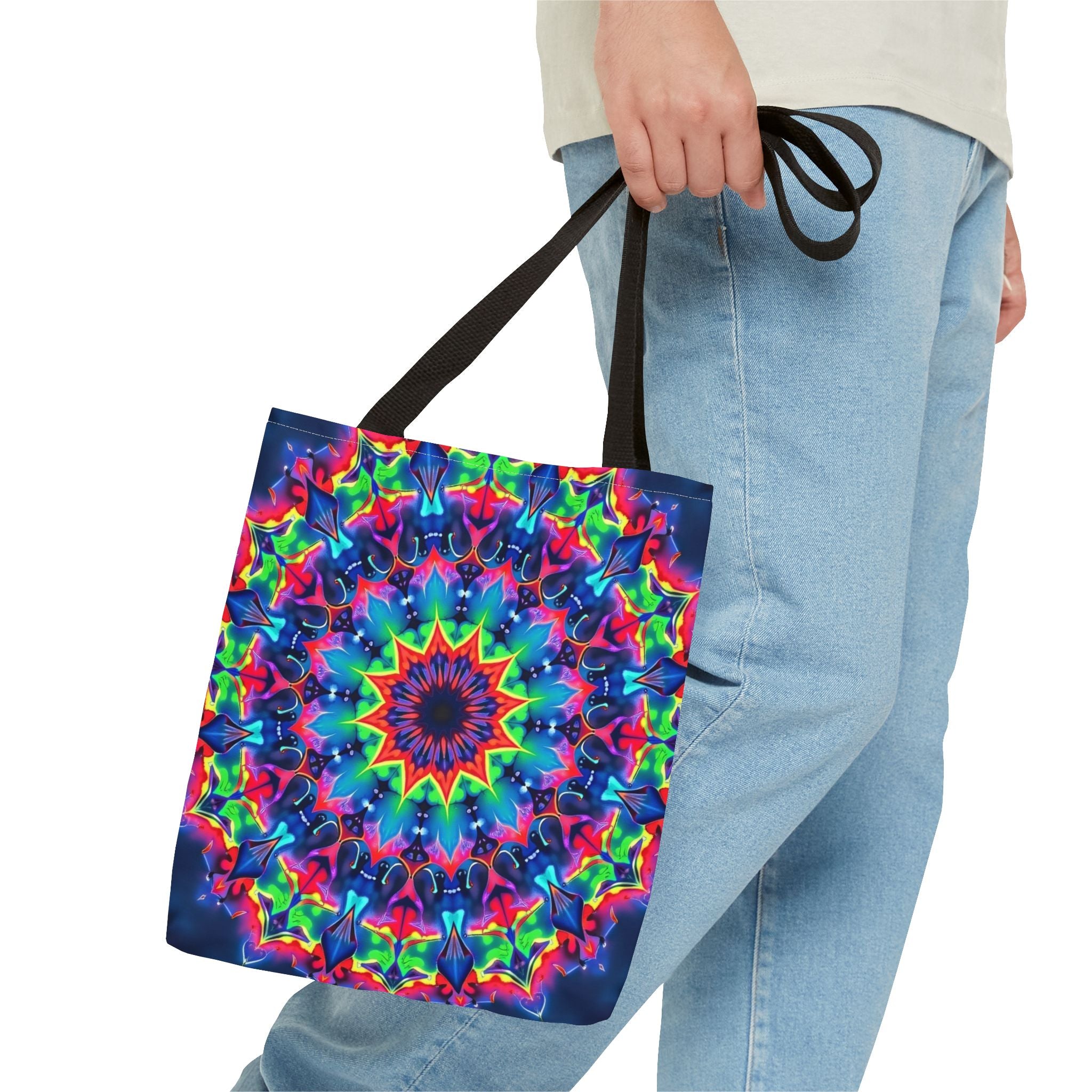 Vibrant and colorful psychedelic mandala tote bag with intricate patterns and intricate designs, perfect for adding a pop of unique style to your outfit