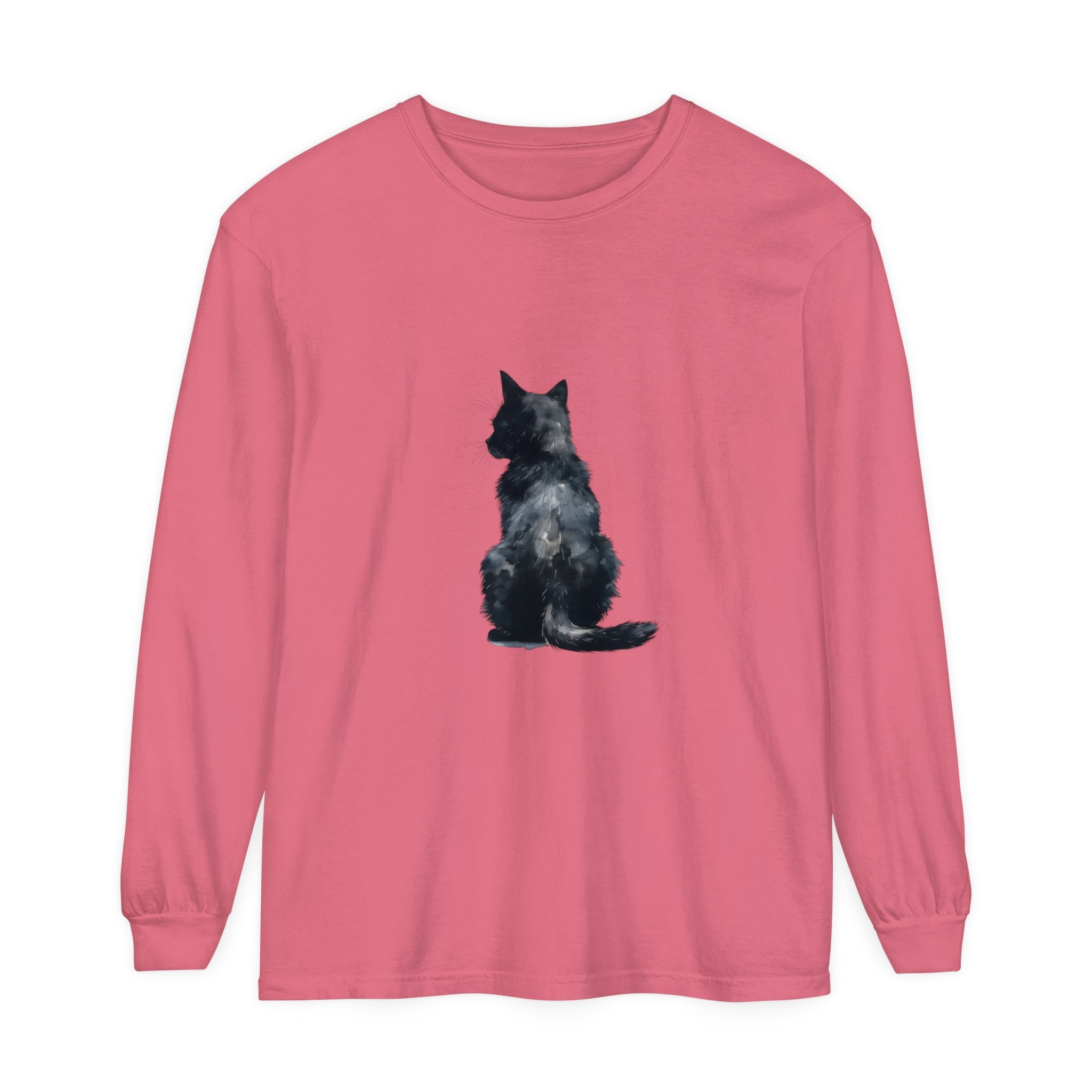 Black Cat Watercolor Long Sleeve T-Shirt featuring a stunning watercolor design of a black cat on a high-quality, comfortable long sleeve t-shirt