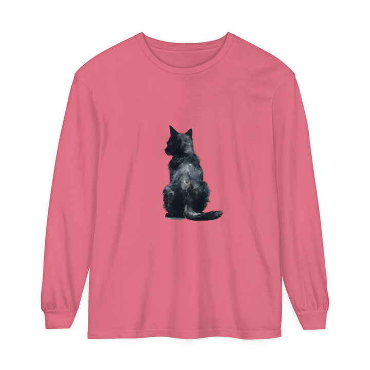 Black Cat Watercolor Long Sleeve T-Shirt featuring a stunning watercolor design of a black cat on a high-quality, comfortable long sleeve t-shirt