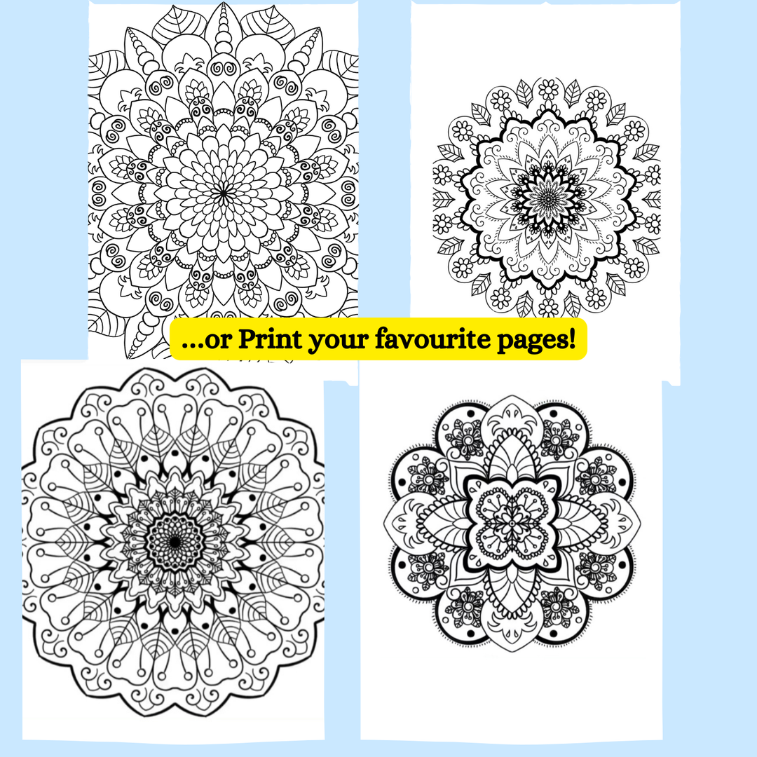 Four mandala designs on a blue background with text encouraging printing.