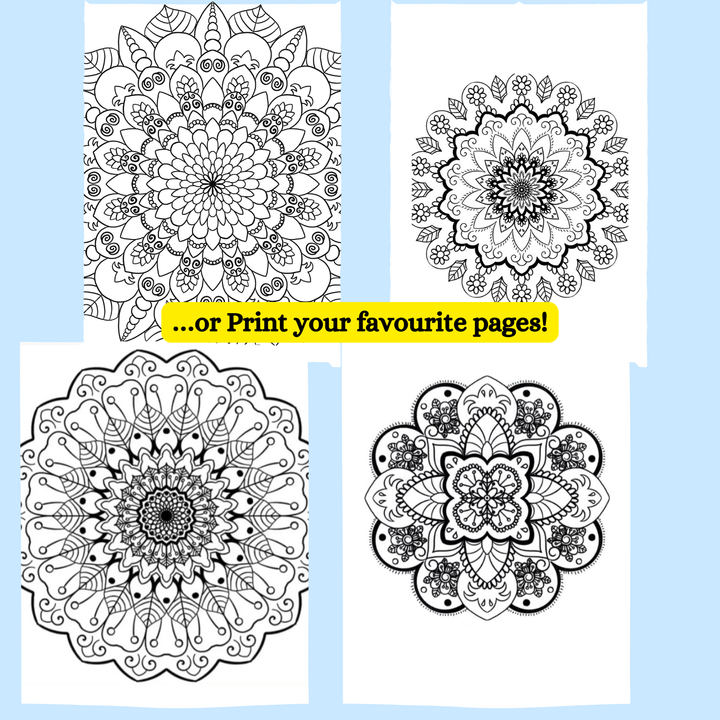 Four mandala designs on a blue background with text encouraging printing.
