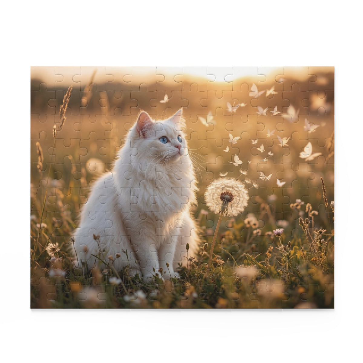 Cat in Dandelions Jigsaw Puzzle — White Kitten in Golden Field (120/252/500 pcs)