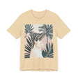 Fashionable cat tee with a stylish palm leaf print