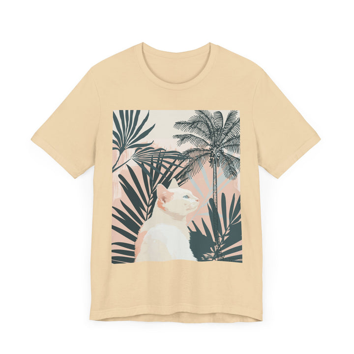 Fashionable cat tee with a stylish palm leaf print