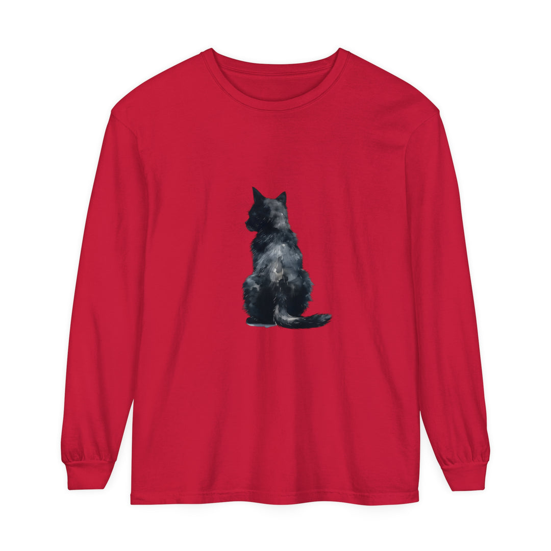 Long sleeve black cat watercolor printed t-shirt, perfect for cat lovers