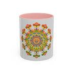 A vibrant and detailed mandala art mug featuring intricate and colorful designs