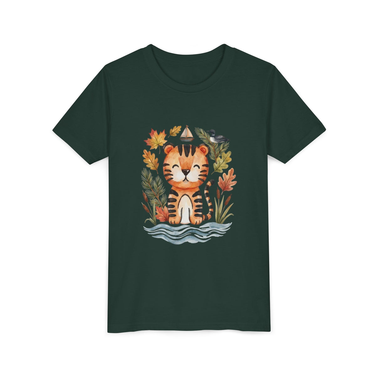 Kids Tiger Lake Ontario Tee — Watercolor Autumn Sailboat & Leaves Youth Short Sleeve Tee