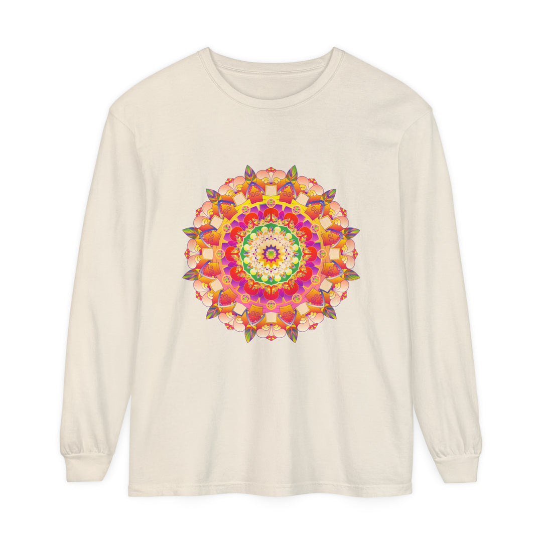 Colorful and intricate mandala design on a unisex long sleeve t-shirt