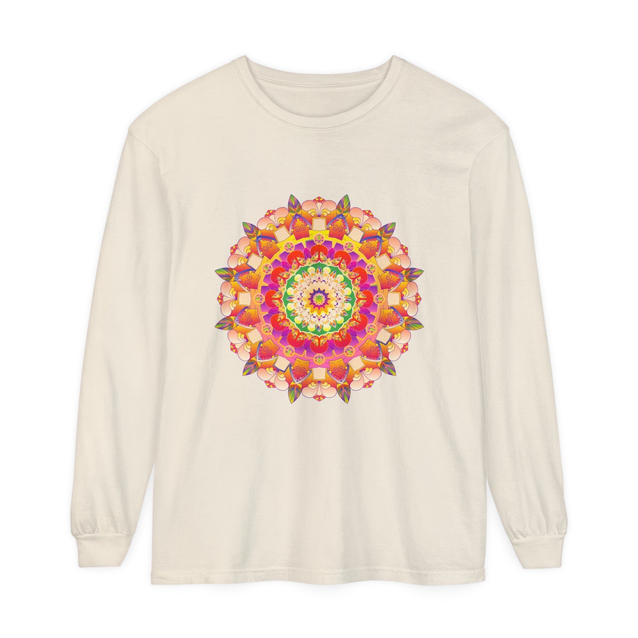 Colorful and intricate mandala design on a unisex long sleeve t-shirt