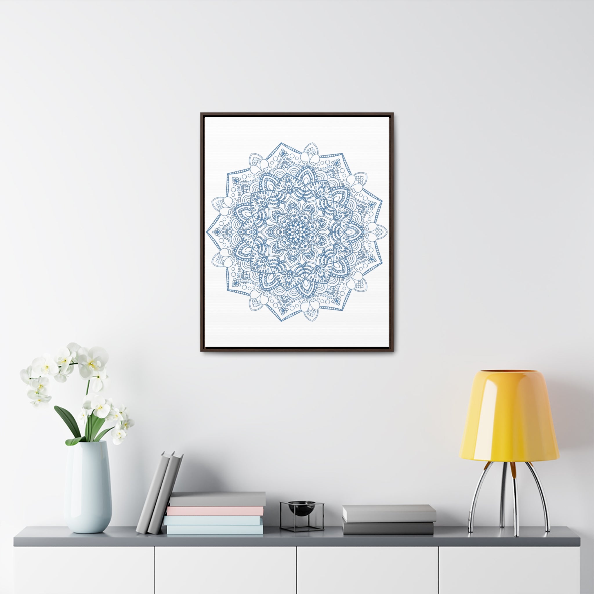 Mandala Handmade Art in Steel Blue, Vertical Frame, Gallery Canvas Wraps - Stunning Mandala Design Wall Art