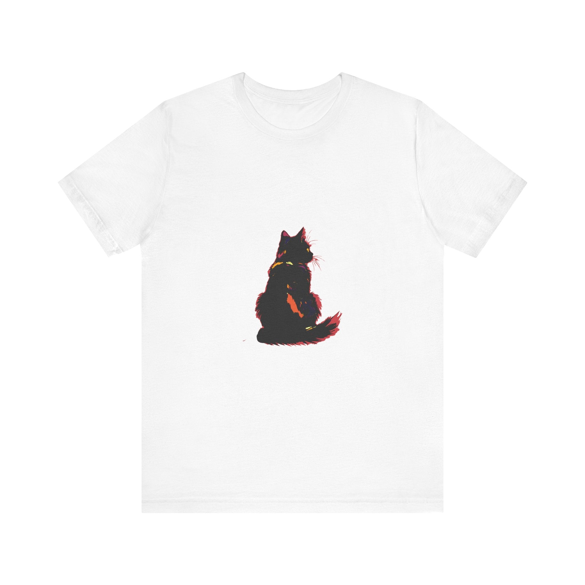 A black cat mystery t-shirt with a shadowy elegance design