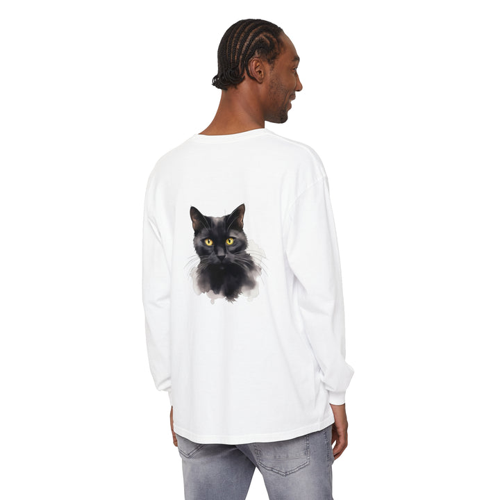  Unisex Long Sleeve Shirt with Detailed Black Cat Design 