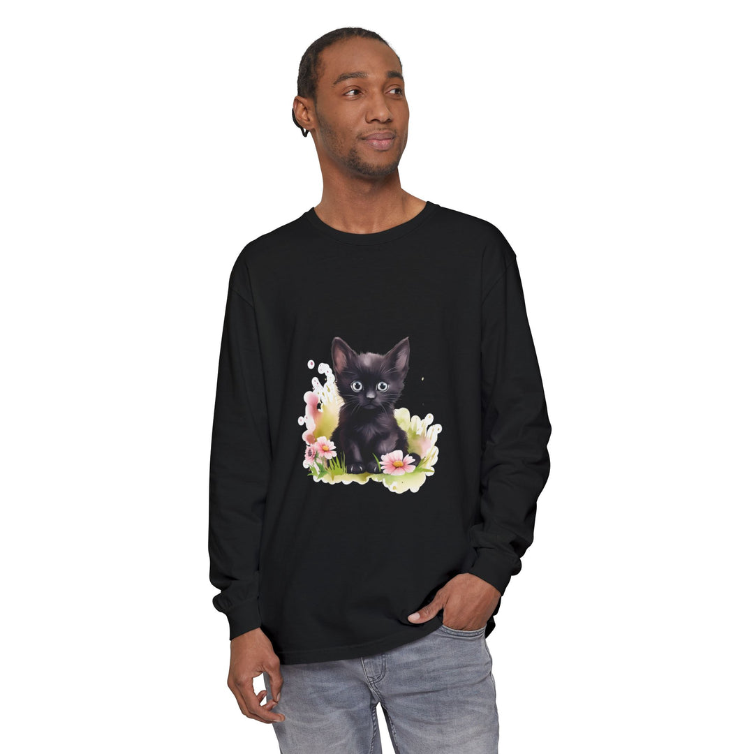 Black Kitten & Pink Flowers Long Sleeve T-Shirt