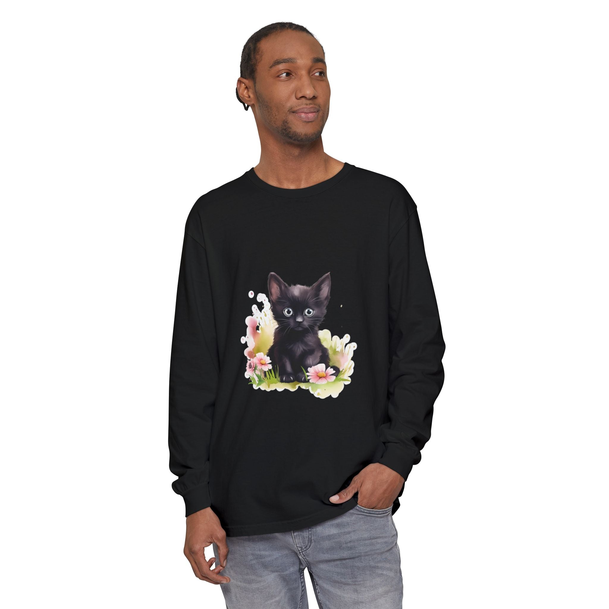 Black Kitten & Pink Flowers Long Sleeve T-Shirt