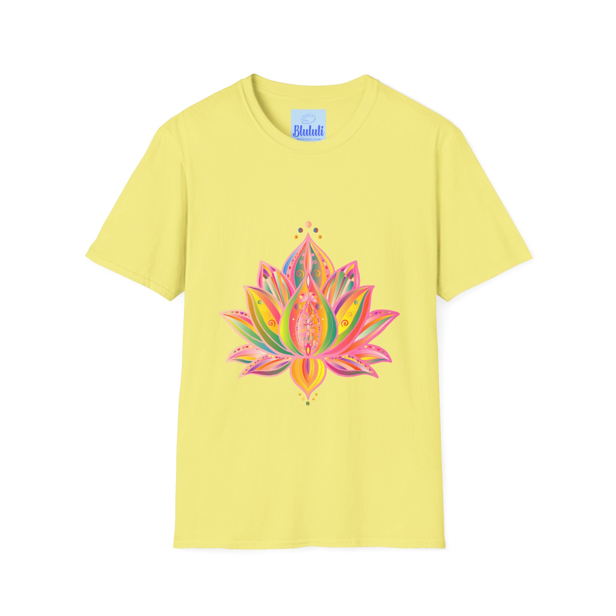 Hand-drawn, unique Lotus Mandala Unisex T-Shirt with a beautiful blue design by Blululi