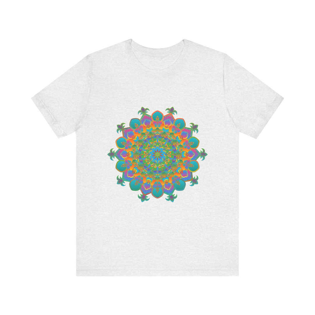 Colorful and intricate circular floral design tee with vibrant mandala pattern