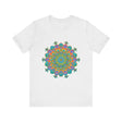Colorful and intricate circular floral design tee with vibrant mandala pattern