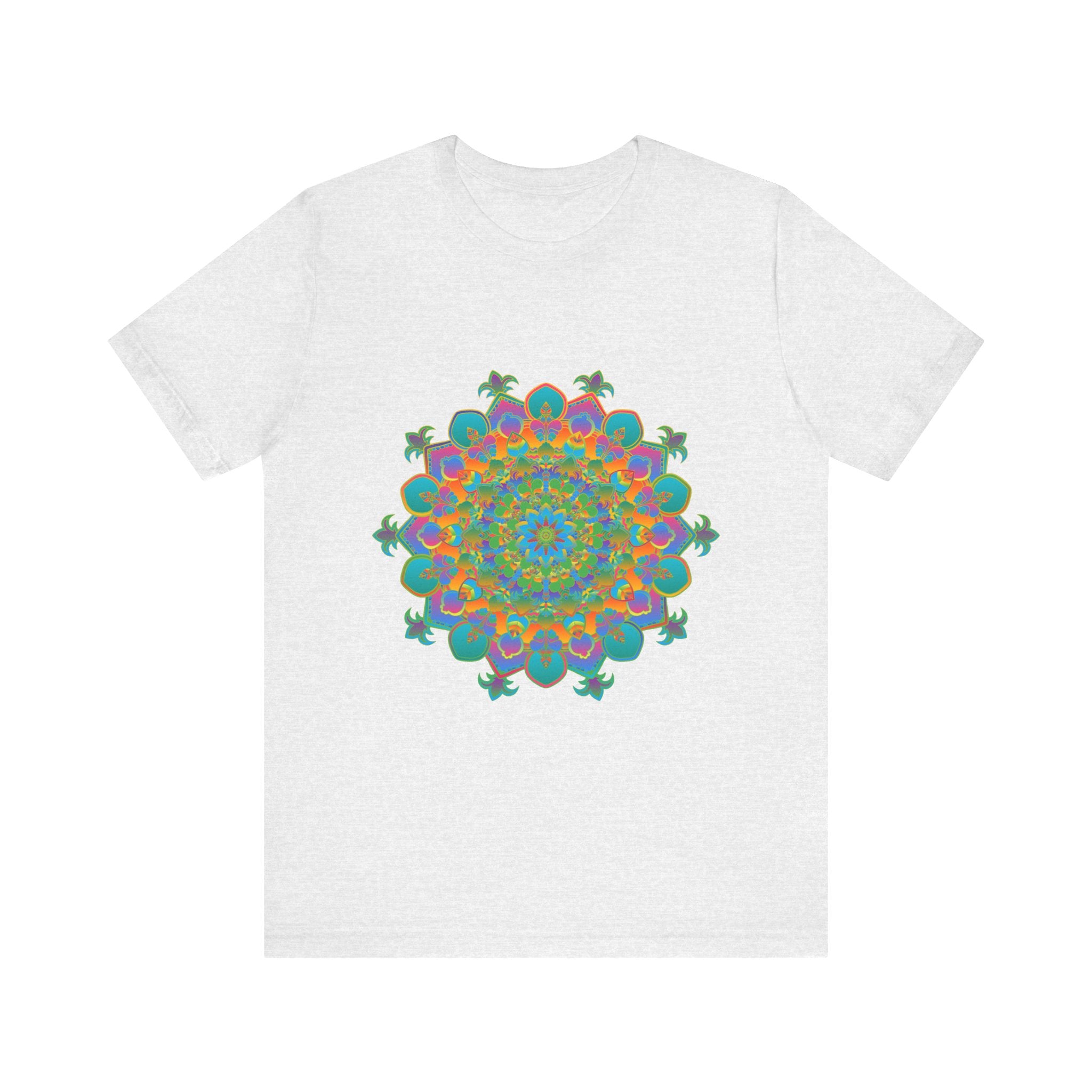 Colorful and intricate circular floral design tee with vibrant mandala pattern