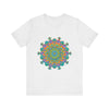 Colorful and intricate circular floral design tee with vibrant mandala pattern