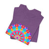 Vibrant and intricate mandala design on a t-shirt, featuring a psychedelic art style with colorful patterns and shapes