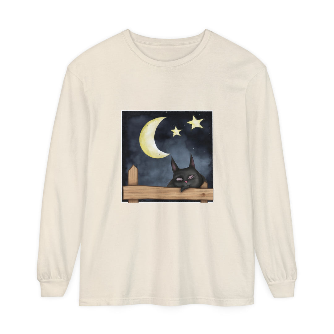 A comfortable Sleepy Cat Night Sky T-Shirt featuring a cute cat lounging under the starry night sky