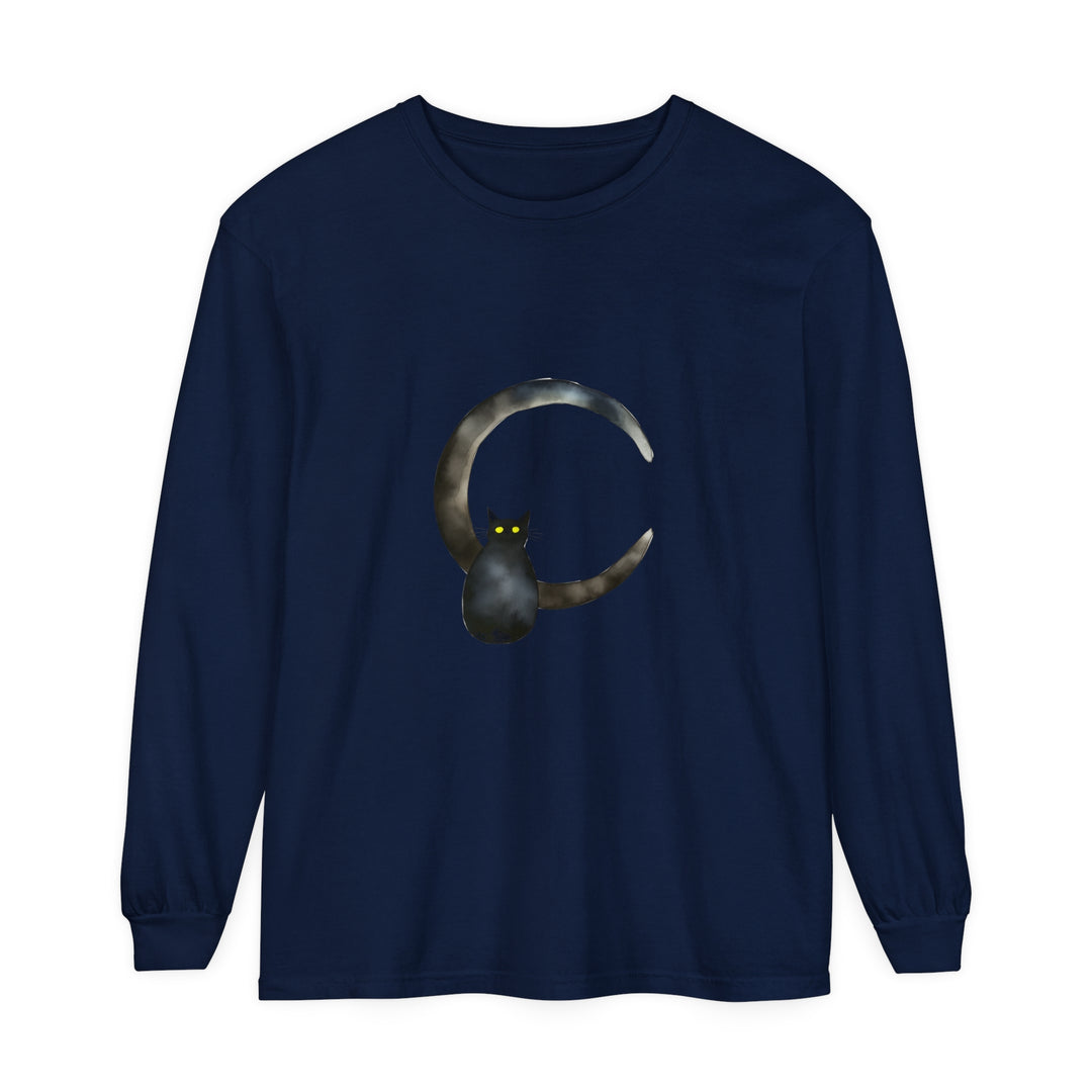 Black Cat Crescent Moon T-Shirt with mystical feline and lunar design