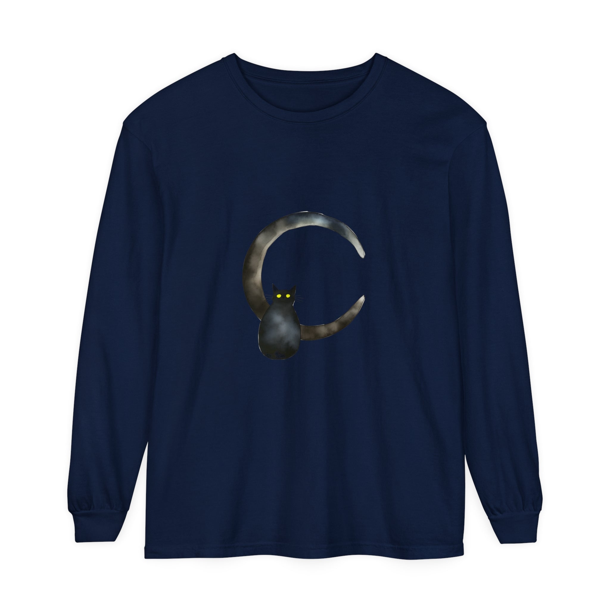 Black Cat Crescent Moon T-Shirt with mystical feline and lunar design