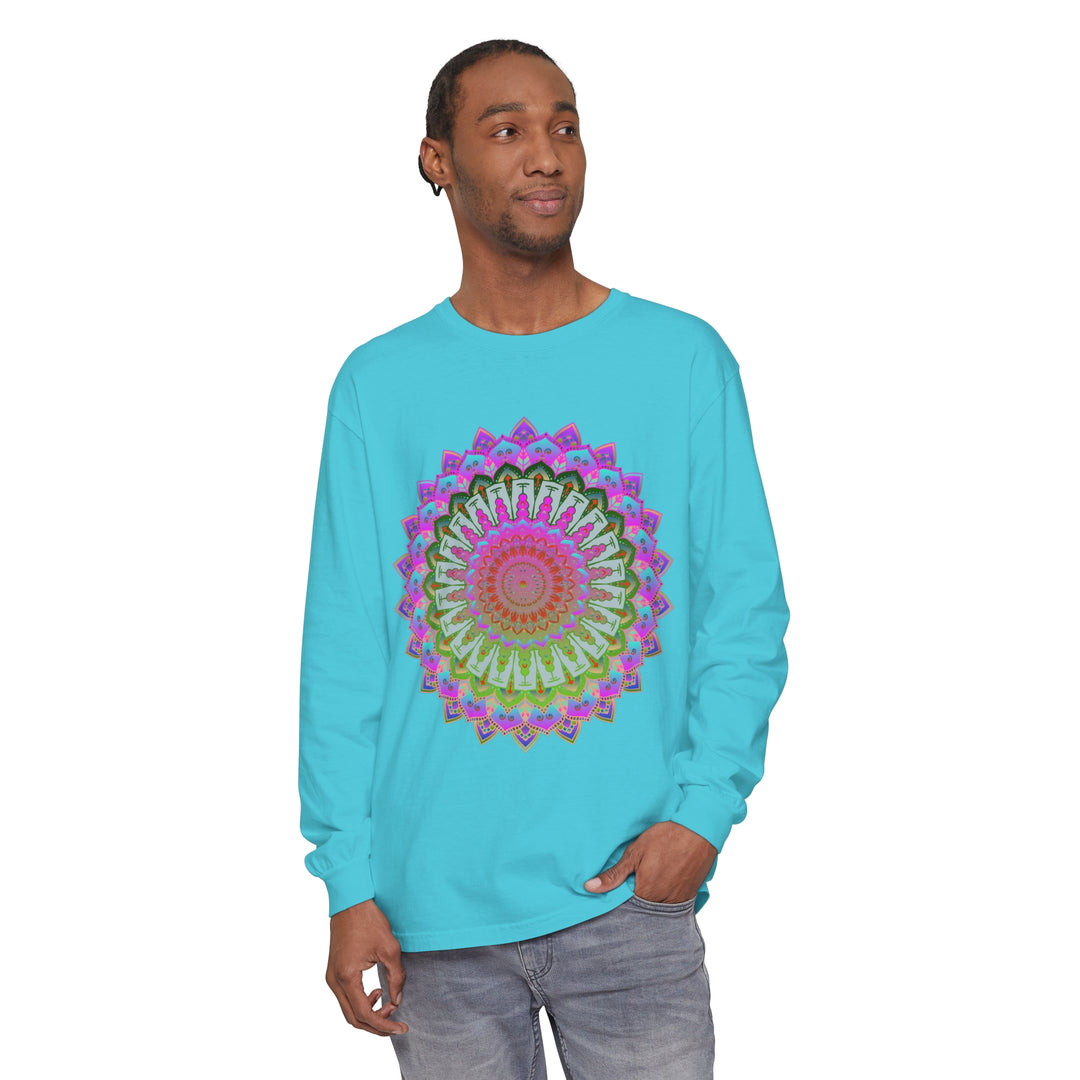 Colorful and intricate mandala design adorns this unisex long sleeve t-shirt